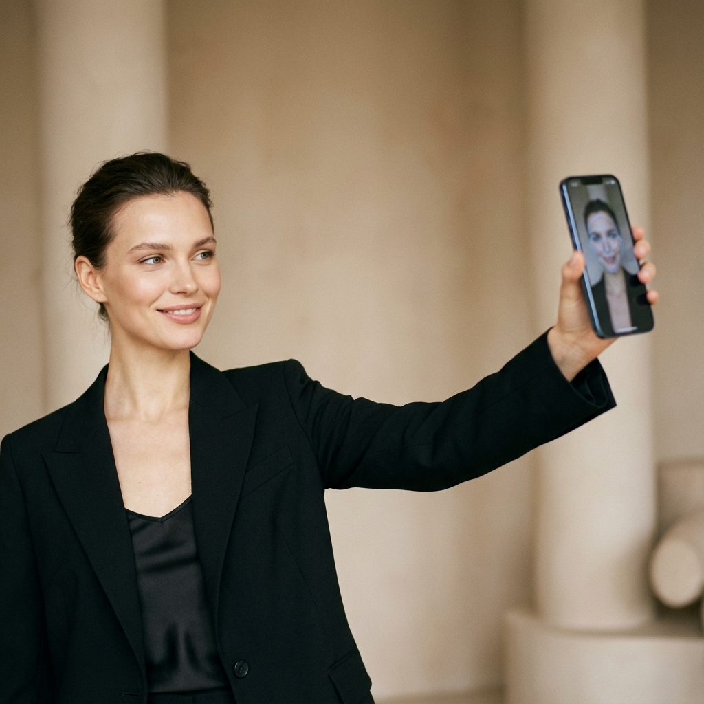 Model taking a selfie for analysis